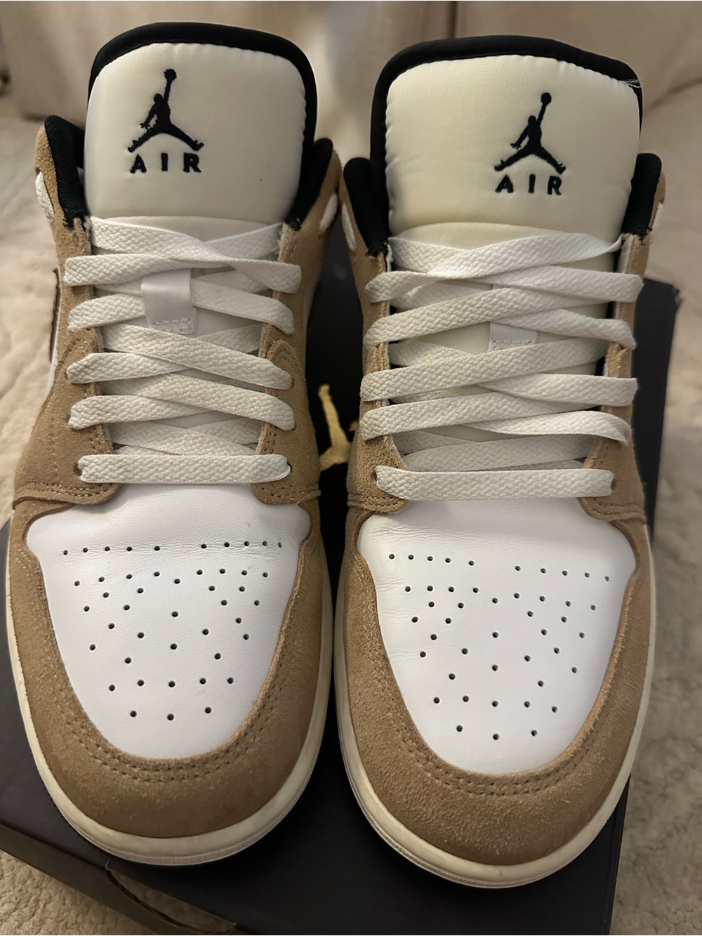 Jordan Low-Top Sneakers in White and Tan with Elephant Print Swoosh - Picture 2 of 8